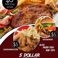 Club Aces $5 menu — pork chop, cheeseburgers, chicken wings, fried fish, rib tips