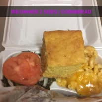 Rib dinner with cornbread and mac & cheese