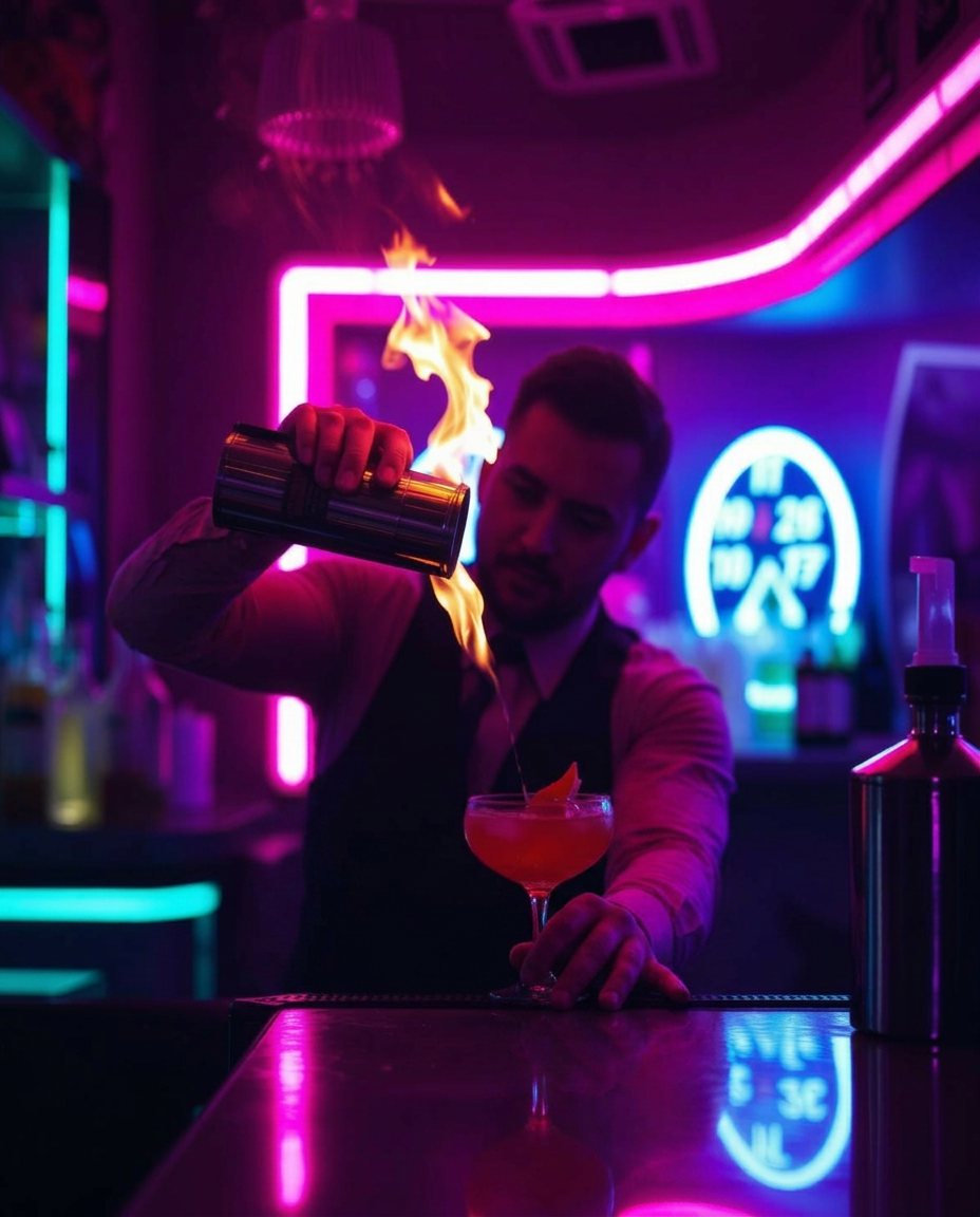 Bartender pouring a flaming signature cocktail